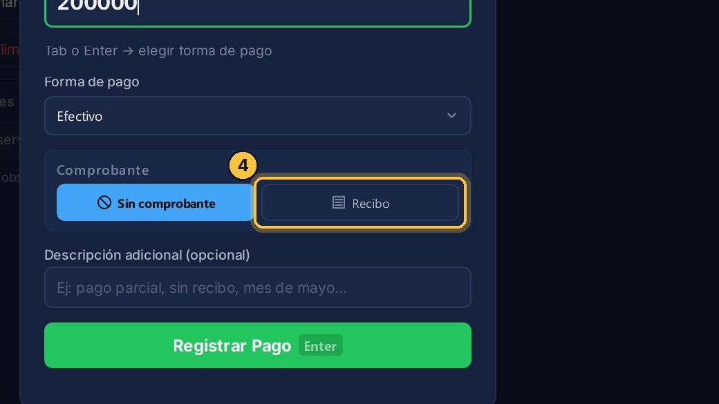 En Comprobante elige Recibo, la constancia que le das, y haz clic en Registrar Pago.