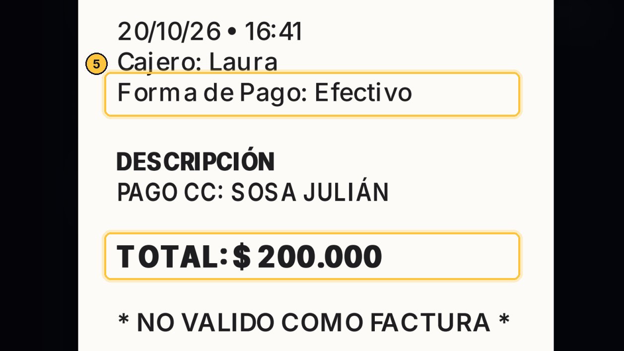 Sale su recibo, con la forma de pago y el total.