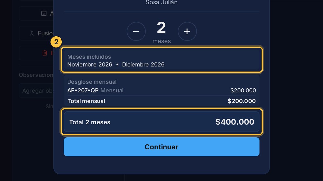 Ves qué meses quedan cubiertos, cuánto paga cada vehículo, y el total.