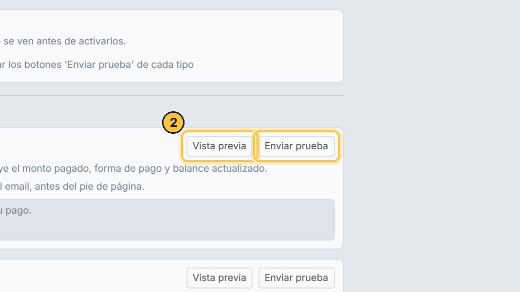 En cada tipo, Vista previa te lo muestra en el navegador, y Enviar prueba te lo manda a ese email.