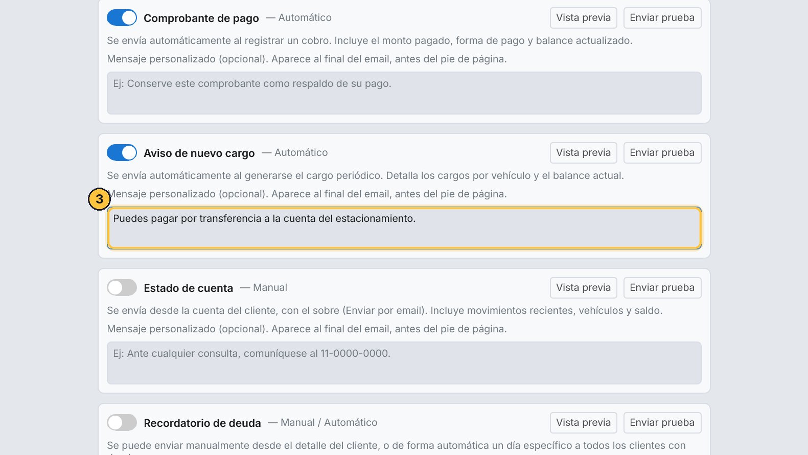 Cada uno puede llevar un mensaje tuyo, al final. Por ejemplo, cómo pagar por transferencia.