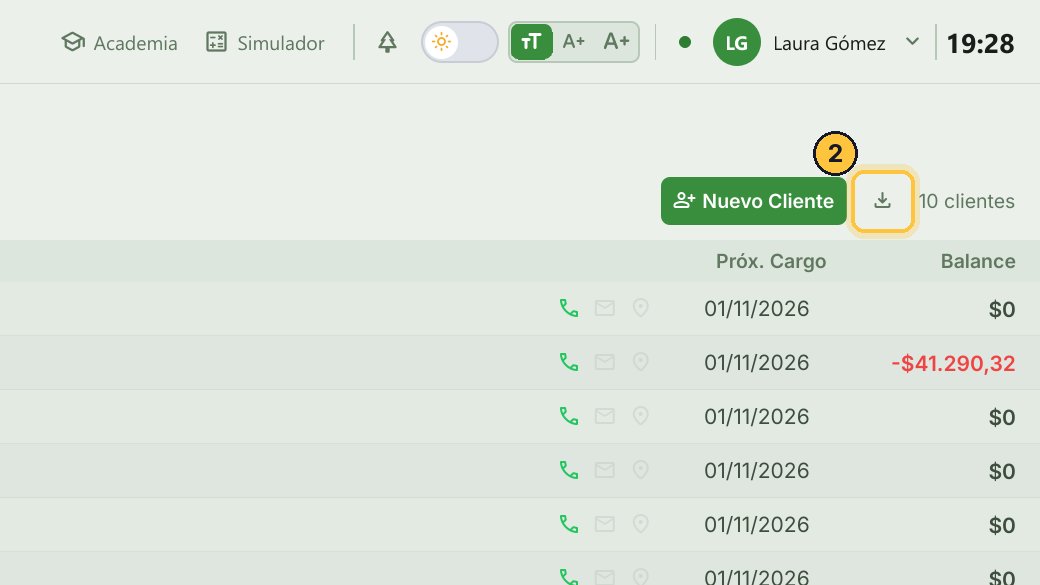 Junto a Nuevo Cliente está el botón para exportar a Excel.