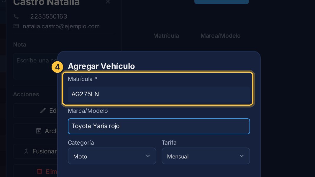 Si trabajas con cámaras, escribe la matrícula exacta y sin espacios. Cuando la cámara la lee, el sistema la busca entre los abonados para reconocerlo.