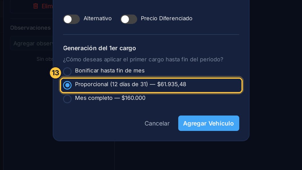 Natalia empieza hoy: Proporcional, que ya viene marcado. Haz clic en Agregar Vehículo.