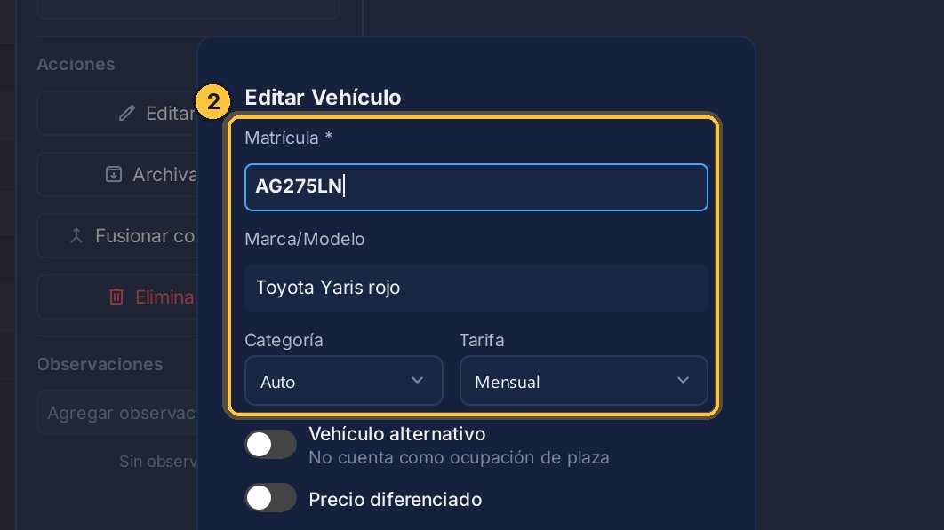 Cambias la matrícula, la marca, la categoría o la tarifa, y vale para los cargos que vienen. Como no hay nada que cambiar, cierra con Cancelar.