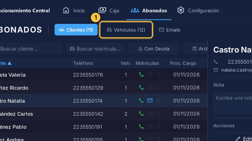 Abre la pestaña Vehículos de arriba: están los de todos los abonados.