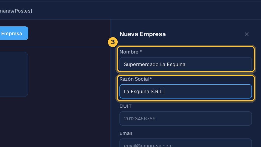 Completa el nombre y la razón social. Los demás datos son opcionales: con su email, después le mandas la cuenta desde el programa.