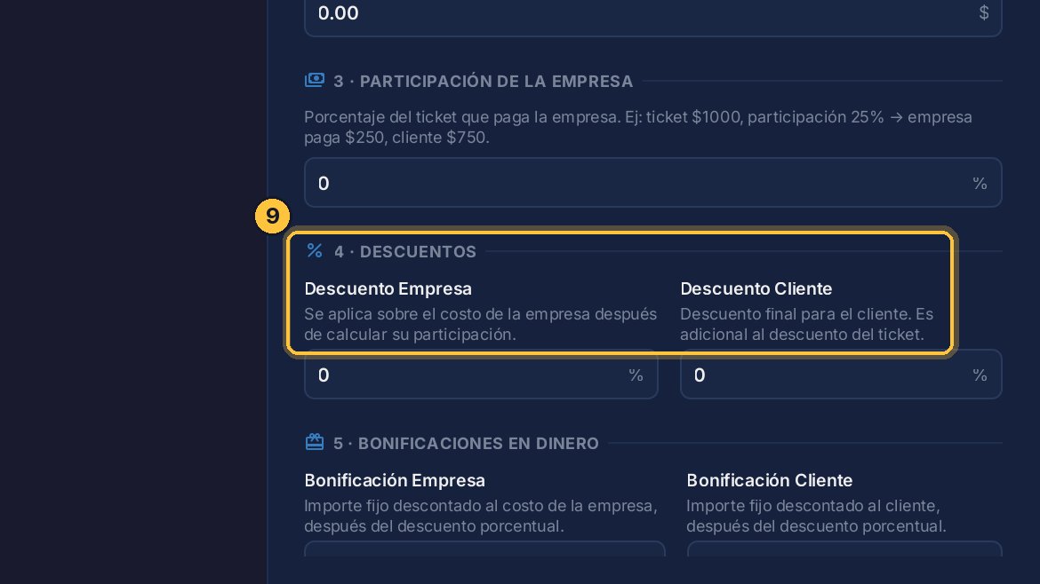 Descuentos: porcentajes que se restan a la parte de la empresa, o a la del cliente.