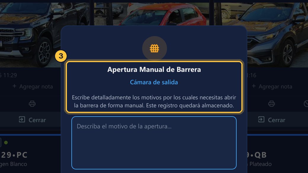 La barrera se abre en ese momento: el vehículo no espera. Y te pide el motivo, que queda registrado.