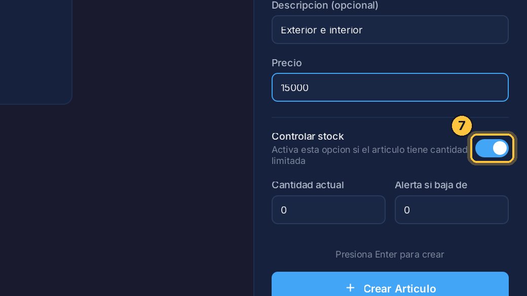 Un lavado no tiene stock: apágalo, y esos dos campos desaparecen.