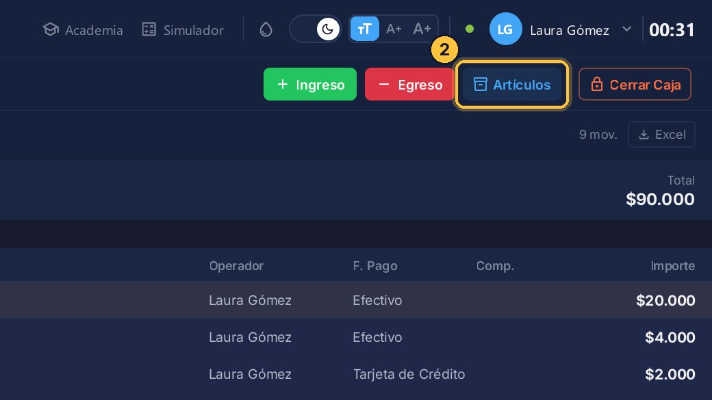 Haz clic en Artículos, el botón de arriba, junto a Egreso.