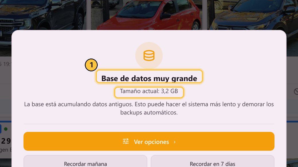 El aviso dice que la base de datos está muy grande, y cuánto ocupa.