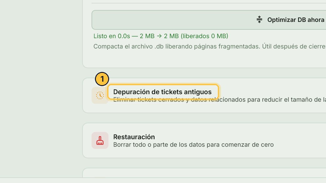 Depuración de tickets antiguos borra los tickets cerrados de hace más de un año, seis meses o tres meses, para achicar la base.