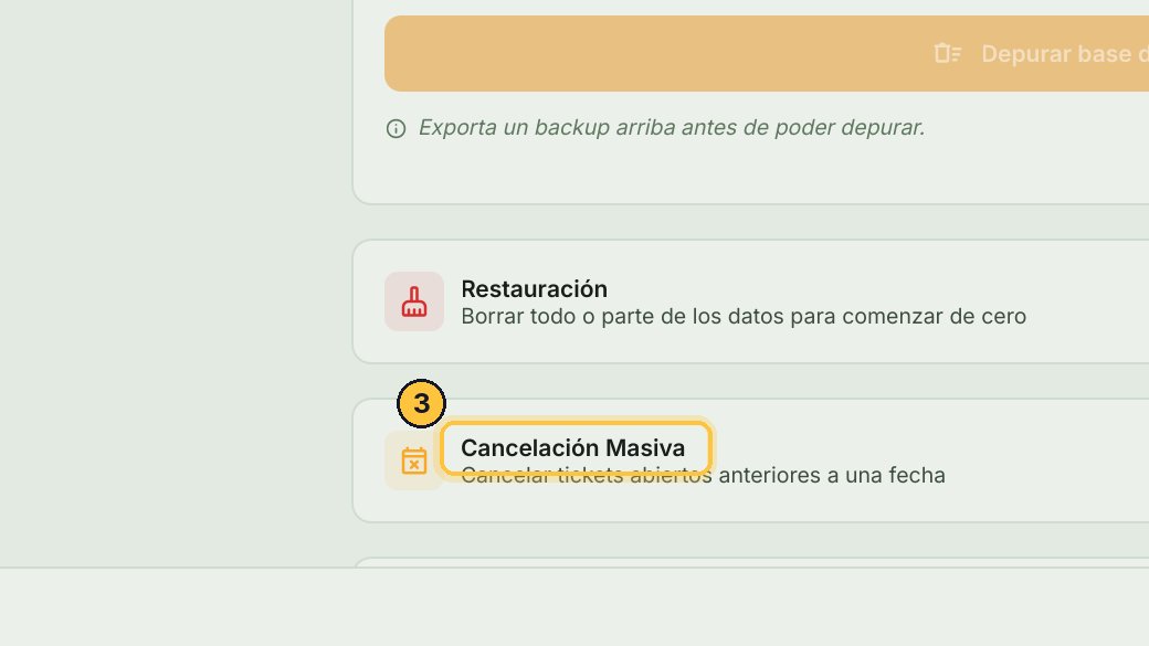 La Cancelación Masiva, en cambio, cancela los tickets abiertos que quedaron olvidados antes de una fecha, sin cobrarlos.