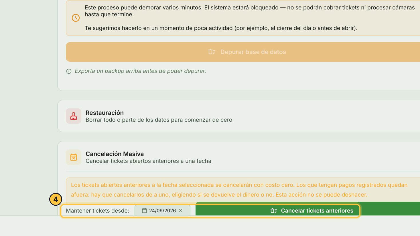 Eliges desde qué fecha se mantienen, y los anteriores se cancelan en cero. Los que tienen pagos quedan afuera. No se puede deshacer.