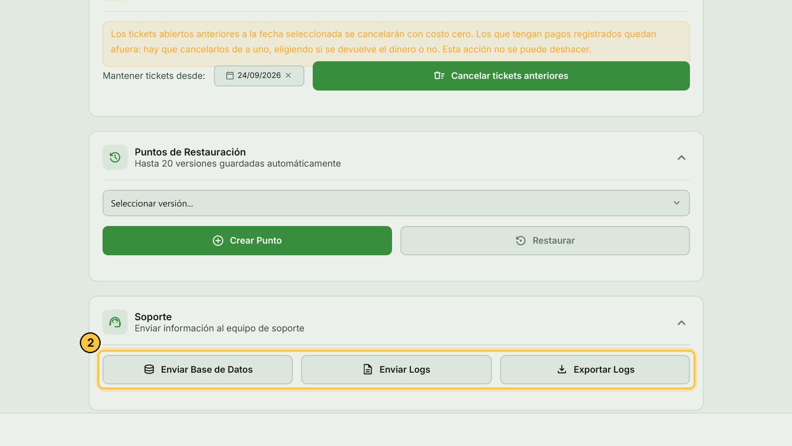 Enviar Base de Datos y Enviar Logs le mandan a soporte tu base o el registro de lo que pasó en el programa. Y si no tienes internet, Exportar Logs los guarda en una carpeta.