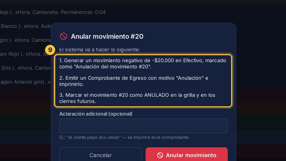 Antes de anular, el sistema te explica qué va a hacer. Genera un movimiento contrario, emite un comprobante y deja el original marcado como anulado. Nada se borra.