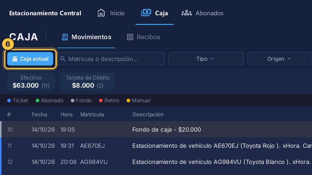 Donde tú ves Caja actual, los administradores tienen además el historial. Ven las cajas anteriores, buscan por fechas, filtran por operador y exportan a Excel. Lo vemos en otro video.