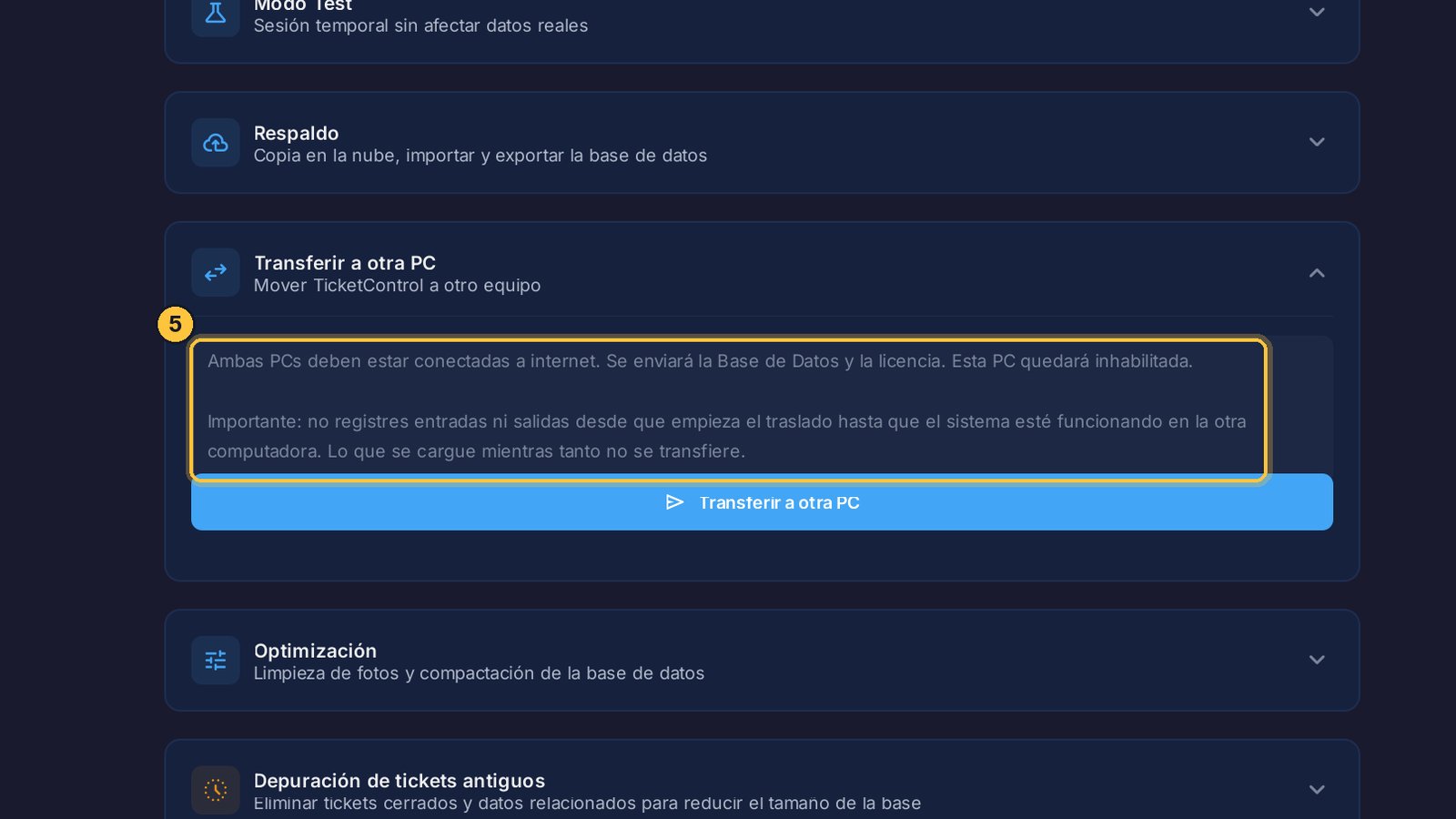El aviso te lo recuerda: se envían la base de datos y la licencia, y esta computadora queda inhabilitada.