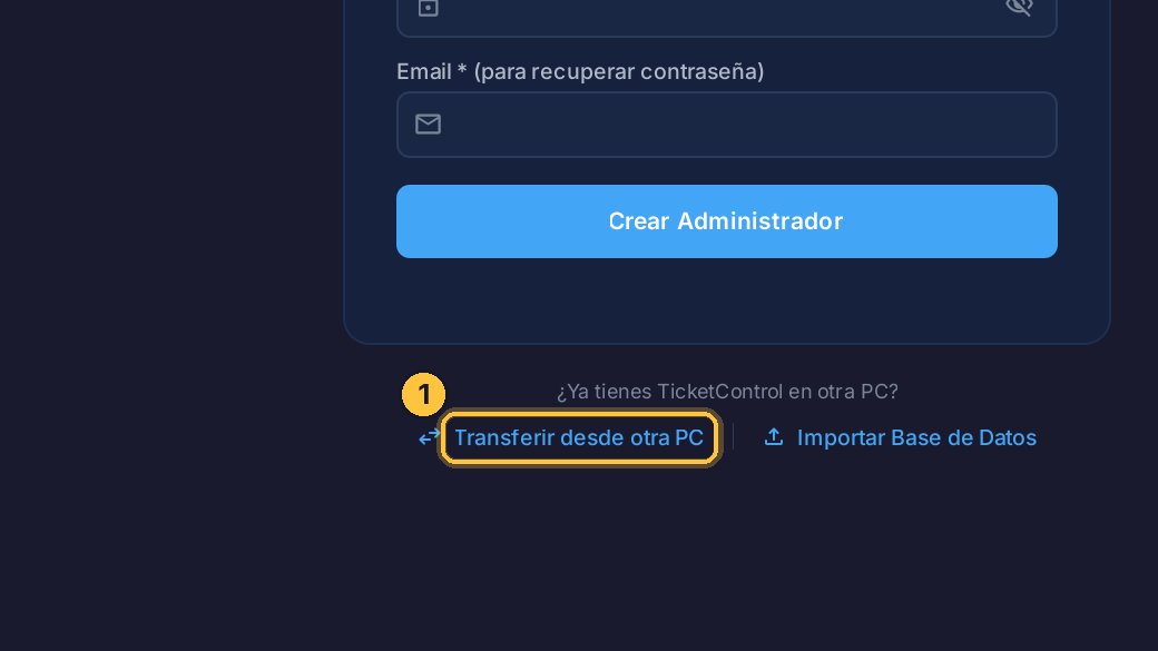 Al abrirlo por primera vez aparece esta pantalla, para crear el primer usuario. No la completes: abajo, haz clic en Transferir desde otra PC.