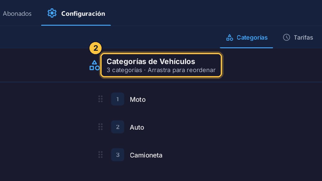 Se abre en el Tarifario, en Categorías: los tipos de vehículo de este estacionamiento.
