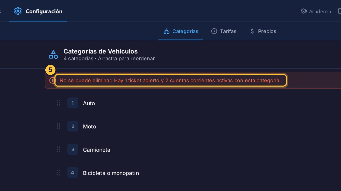 No la deja: hay tickets abiertos y abonados con moto. Una categoría sin tickets ni abonados, en cambio, se elimina.