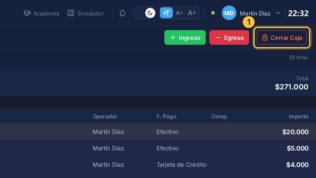 Haz clic en Cerrar Caja, arriba a la derecha.