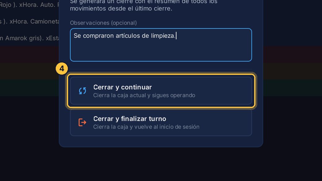 Ahora elige cómo cerrar. Cerrar y continuar cierra esta caja y abre una nueva, para que sigas trabajando.