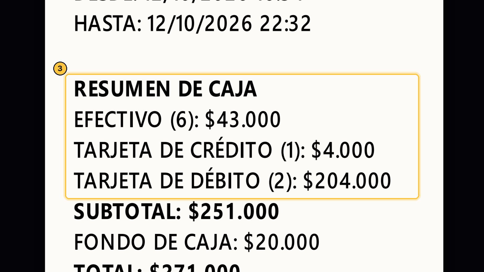 El resumen de caja muestra cuánto dinero dejó tu turno con cada forma de pago. En el efectivo ya está descontado lo que retiraste. Entre paréntesis, la cantidad de movimientos.