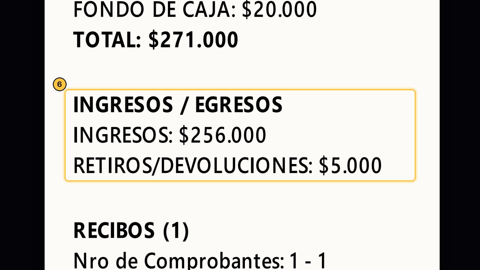 Ingresos y egresos separa lo que entró de lo que salió. El total de retiros y devoluciones del turno queda a la vista, para que nada quede sin explicar.
