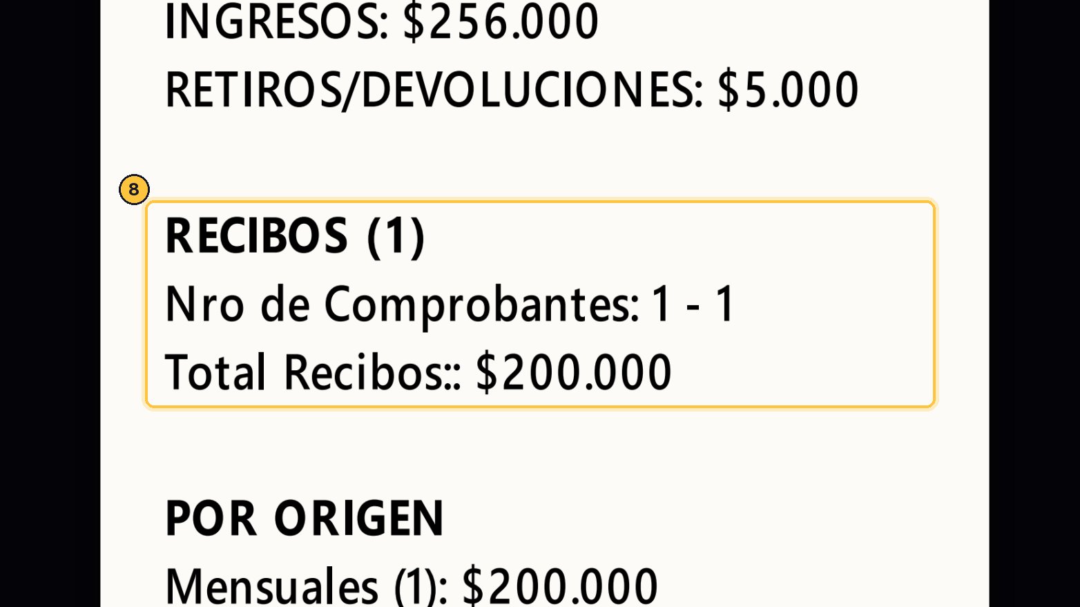 Recibos indica cuántos recibos emitiste en el turno, con su numeración y su total.