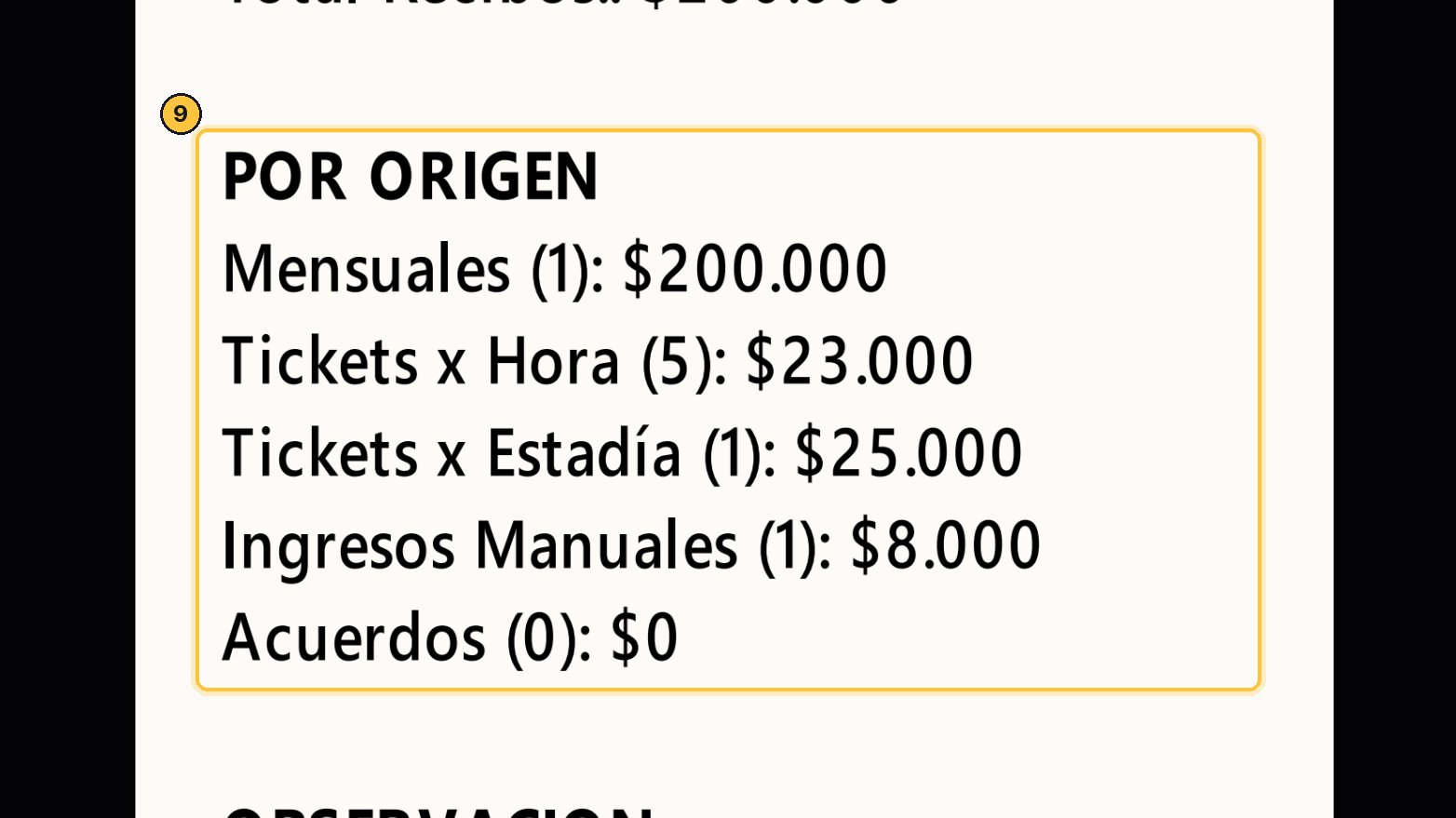 Por origen muestra de dónde vino el dinero: abonados mensuales, tickets por hora, tickets por estadía, ingresos manuales y acuerdos con empresas.