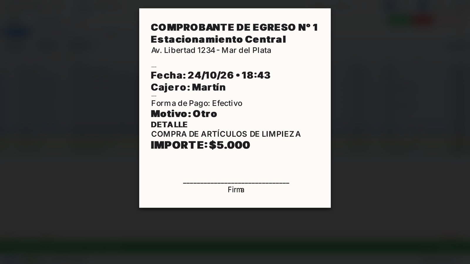 Sale otra vez: el número de comprobante, la fecha, el cajero, la forma de pago, el motivo y el importe. Y abajo, la firma.