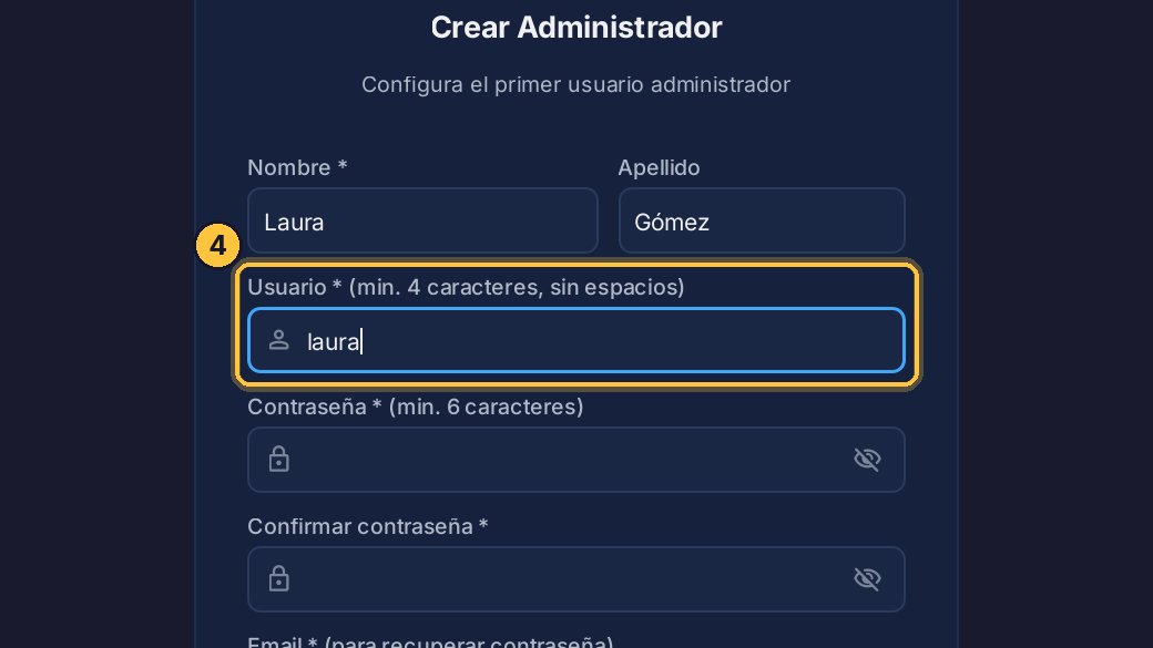 Elige un nombre de usuario: es el que vas a escribir cada vez que entres al sistema. Mínimo cuatro caracteres, sin espacios.