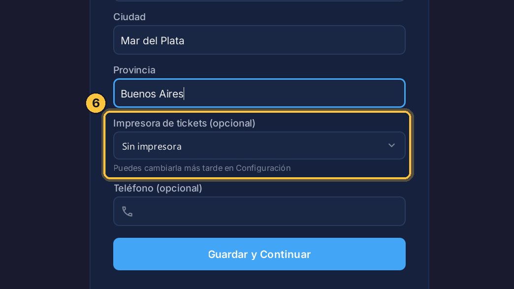 Si ya tienes una impresora de tickets conectada, elígela aquí. Si no, déjalo así: puedes cambiarla más tarde en Configuración.