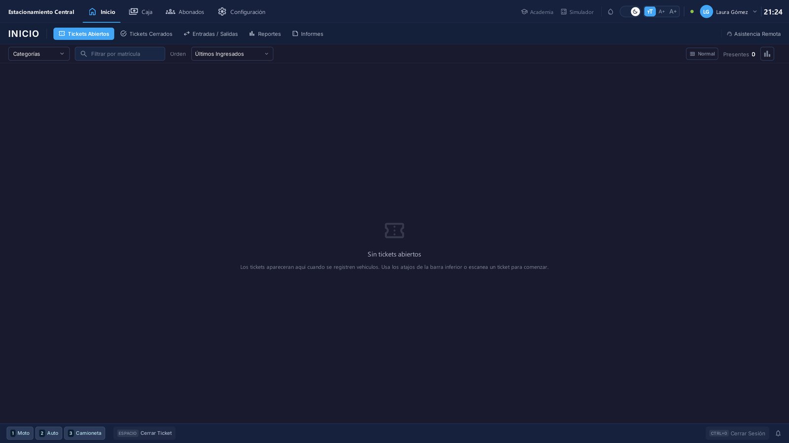 Esta es la pantalla de Inicio. Aquí van a aparecer los vehículos a medida que ingresen.