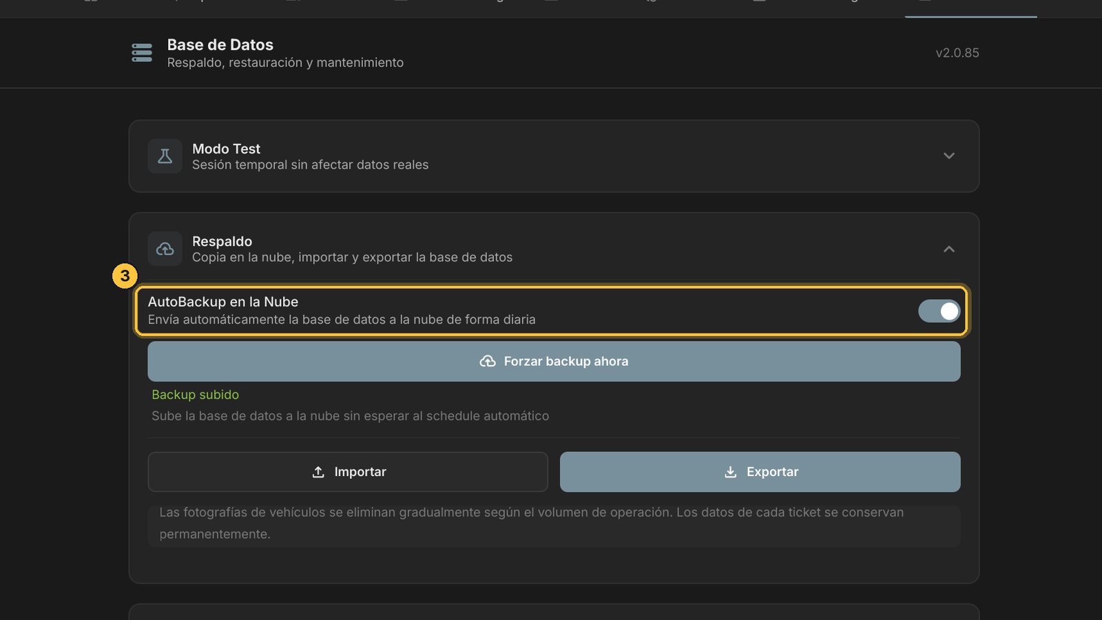 AutoBackup en la Nube tiene que estar activado. Así, una vez por día, el sistema sube una copia de tus datos a internet. Si no hay conexión, lo vuelve a intentar cada media hora.