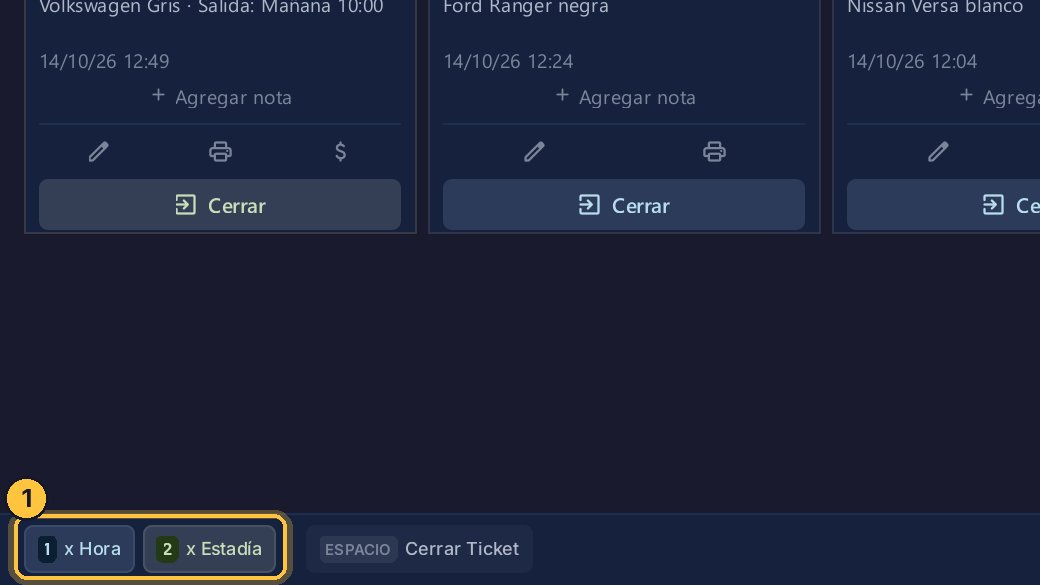 Abajo están los atajos. Con más de un tipo de tarifa, primero eliges el tipo: uno, por hora; dos, por estadía. Los que veas dependen de cómo estén configuradas tus tarifas.