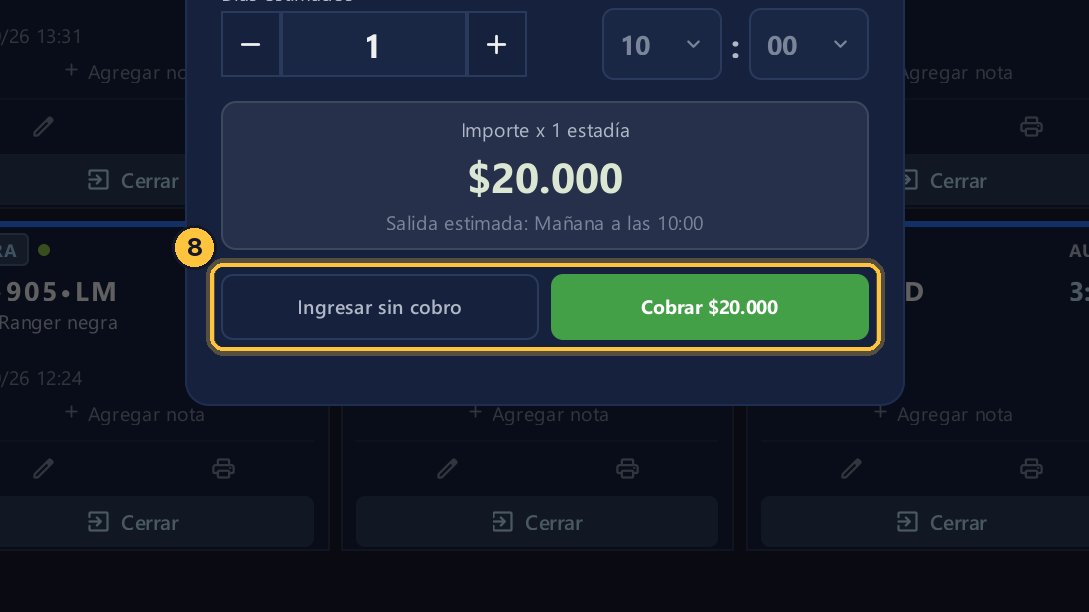 Puedes cobrar ahora, por adelantado, o ingresar sin cobro y cobrar a la salida.