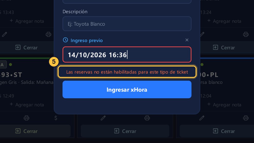 El sistema no la acepta: el ingreso previo es para lo que ya pasó. Una hora posterior solo se carga como reserva, si un administrador la habilitó en el Tarifario.