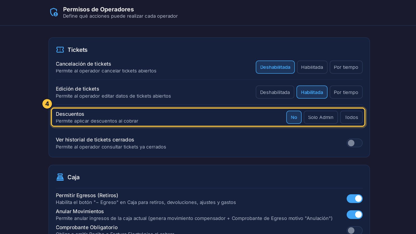 En Descuentos eliges quién puede hacerlos: nadie, solo los administradores, o todos, también los operadores.