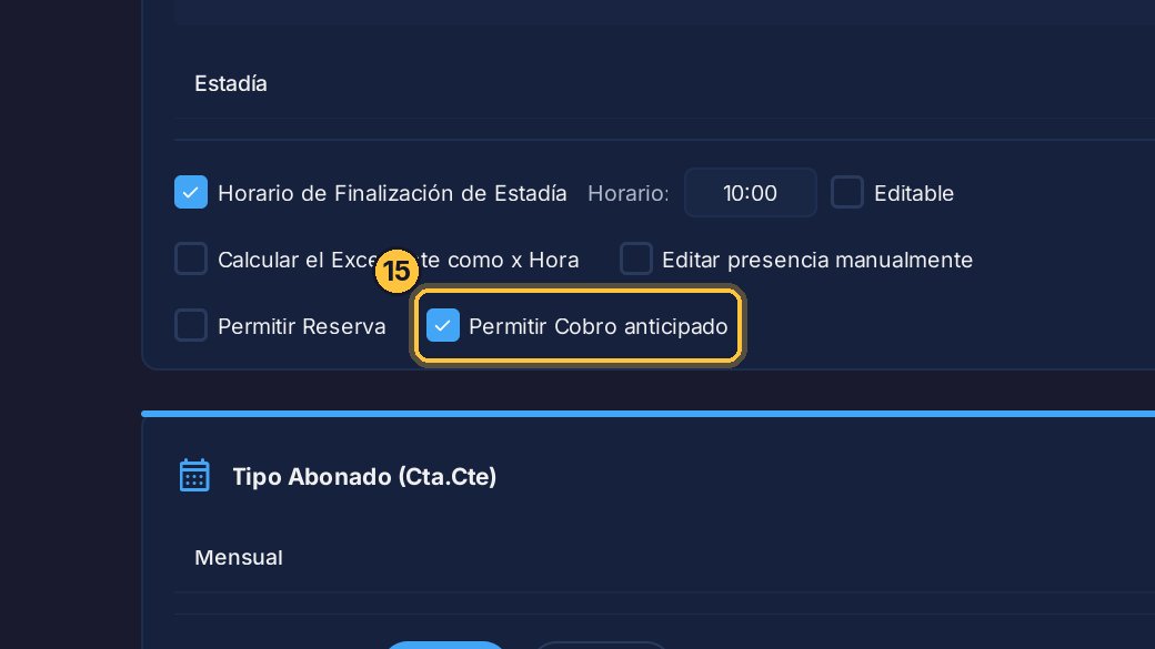 En las estadías, Permitir Cobro anticipado está marcado: por eso su tarjeta tiene el botón de pago a cuenta.