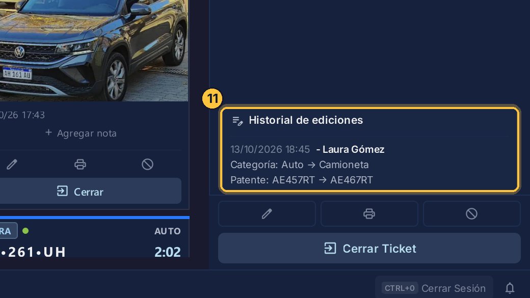 Y más abajo queda el historial de ediciones: quién corrigió el ticket, cuándo, y qué cambió.