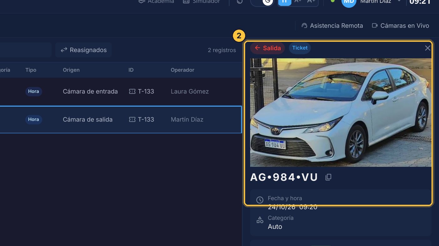 Arriba dice que es una salida, de un ticket. Debajo, la foto y la matrícula.