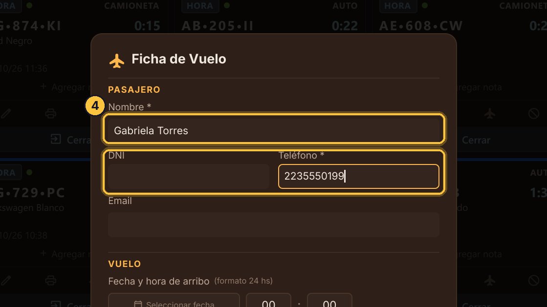 Los datos del pasajero: el nombre y el teléfono son obligatorios. Si ya vino antes, al escribir su nombre lo eliges de la lista.
