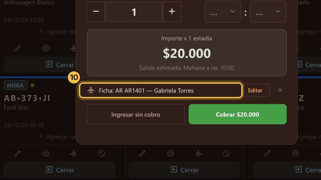 La ficha queda con el ticket. Y la fecha de regreso ajusta la salida estimada: el ticket no figura vencido mientras el avión no llegó.