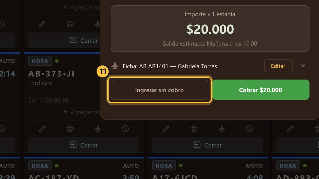 Ingresa el vehículo, en este caso sin cobro.