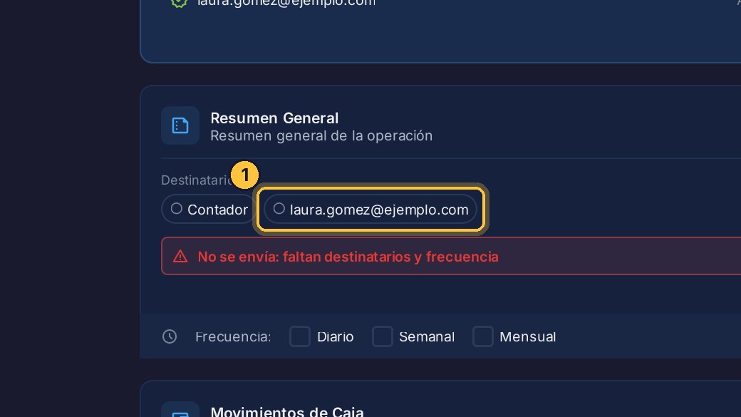 El Resumen General cuenta cómo fue la operación. Elige quién lo recibe, con un clic en cada destinatario.