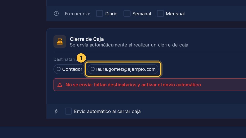 El de Cierre de Caja sale solo cada vez que alguien cierra la caja. Elige quién lo recibe.