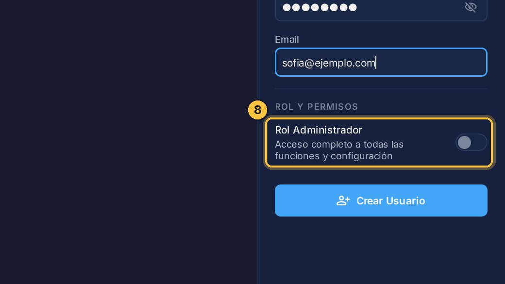 Aquí está la diferencia. Con el rol de administrador apagado, es un cajero: no ve Configuración. Enciéndelo solo para quien deba tener acceso a todo.